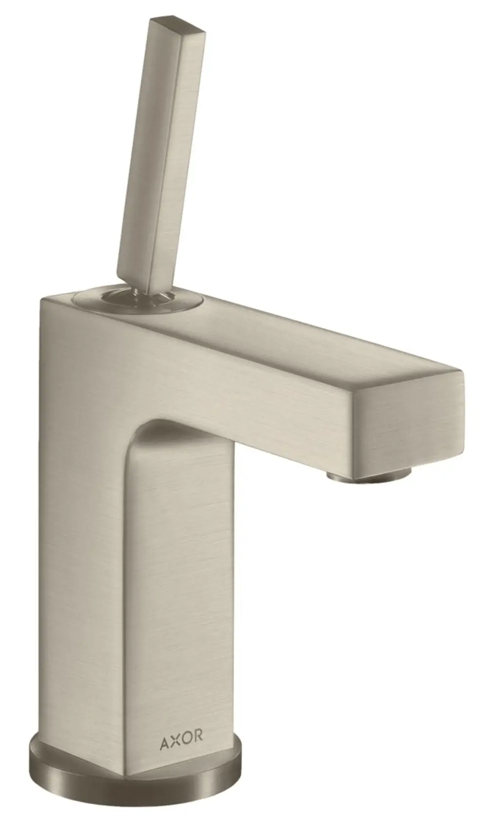 Ein AXOR-Waschtischmischer in Brushed Nickel mit einem quadratischen Griff und einer Ablaufsystem zur Anpassung des Wasserflusses.